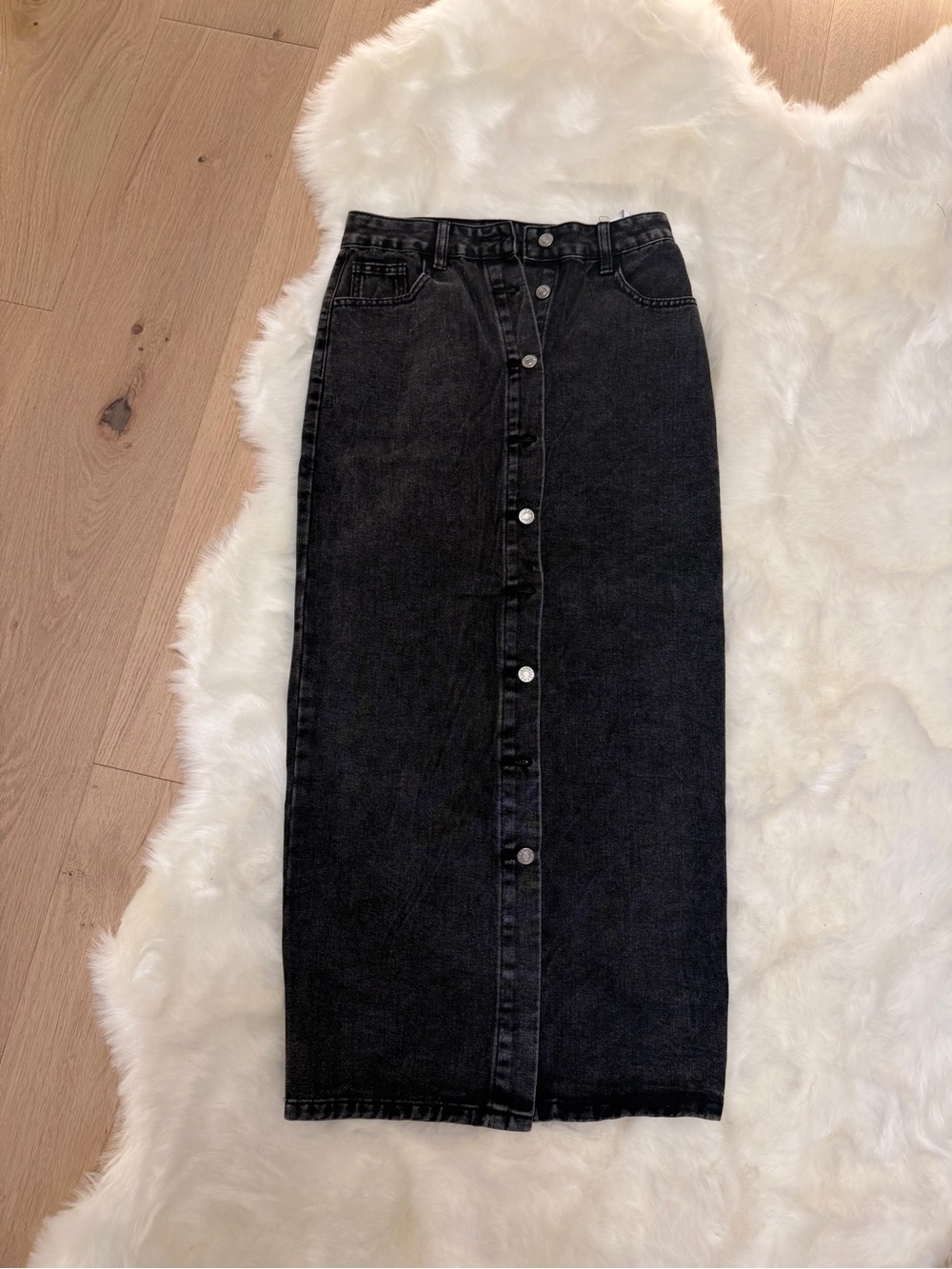 High-Waist Black Denim Button-Front Midi Skirt